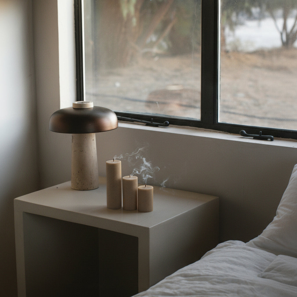 Set of 3 ribbed pillar candles in sandstone