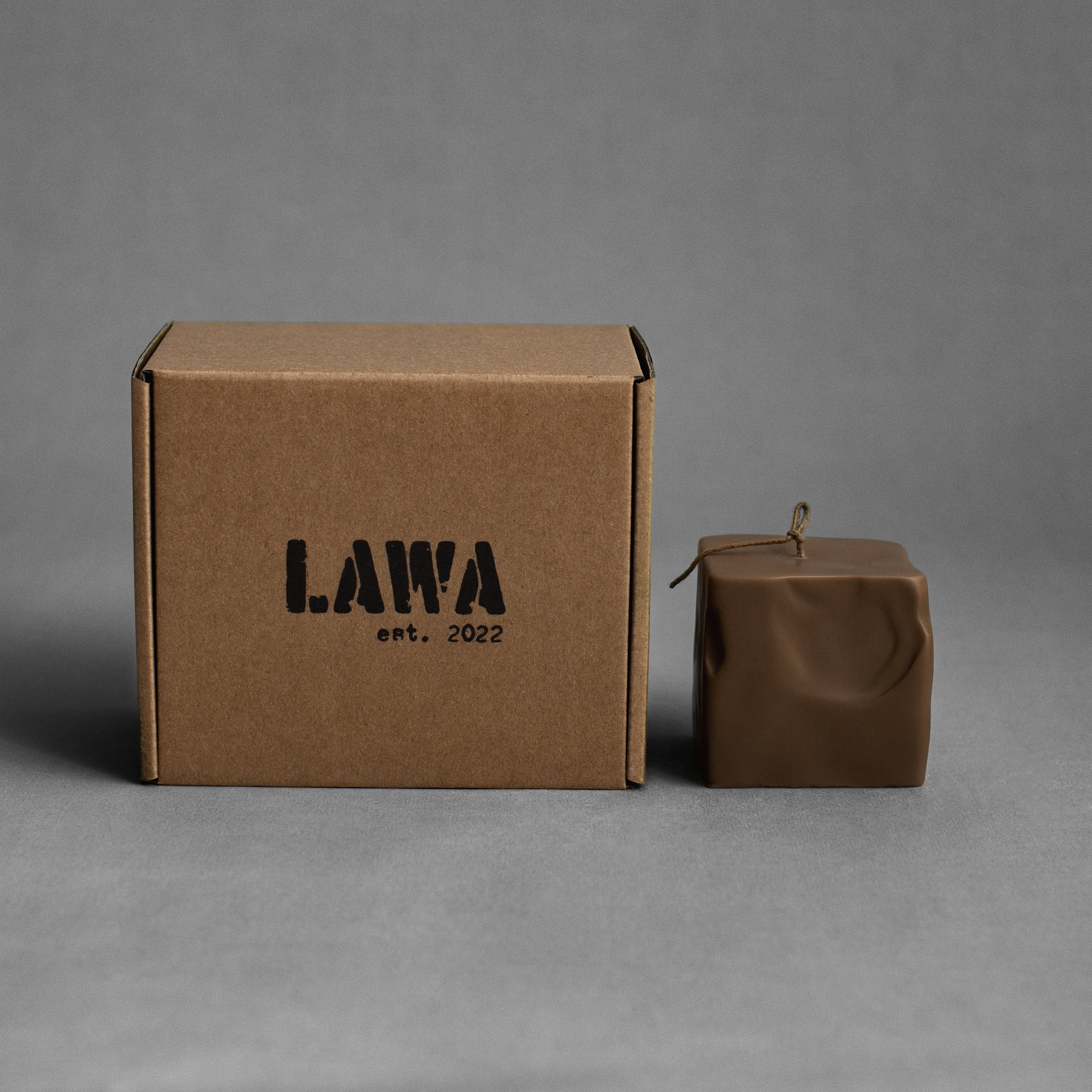 Small kobicha brown raw block soy wax pillar candle by LAWA featuring a clean geometric natural form of a candle replicating a rock
