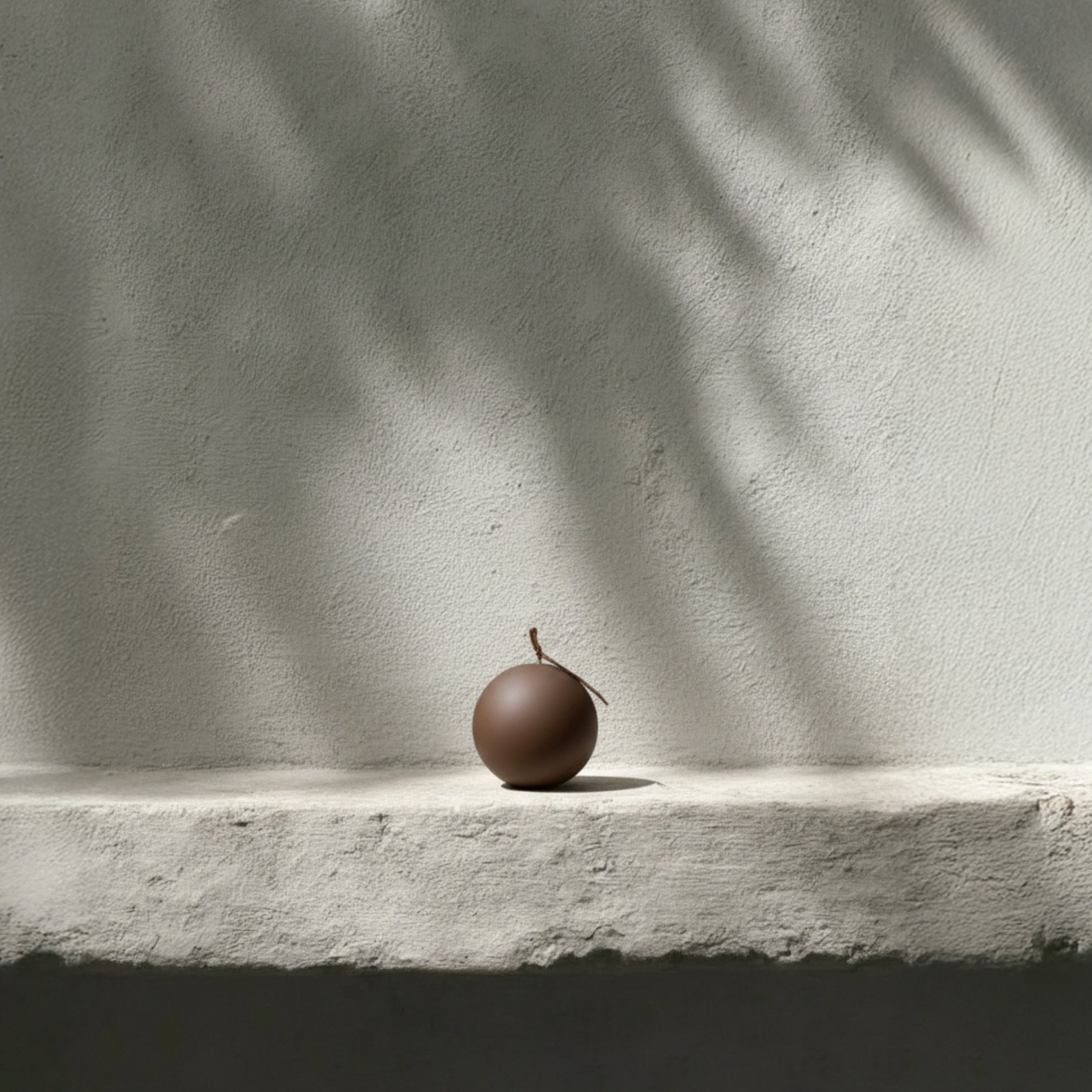 Small kobicha brown sphere pillar candle on a light gray surface with shadow patterns