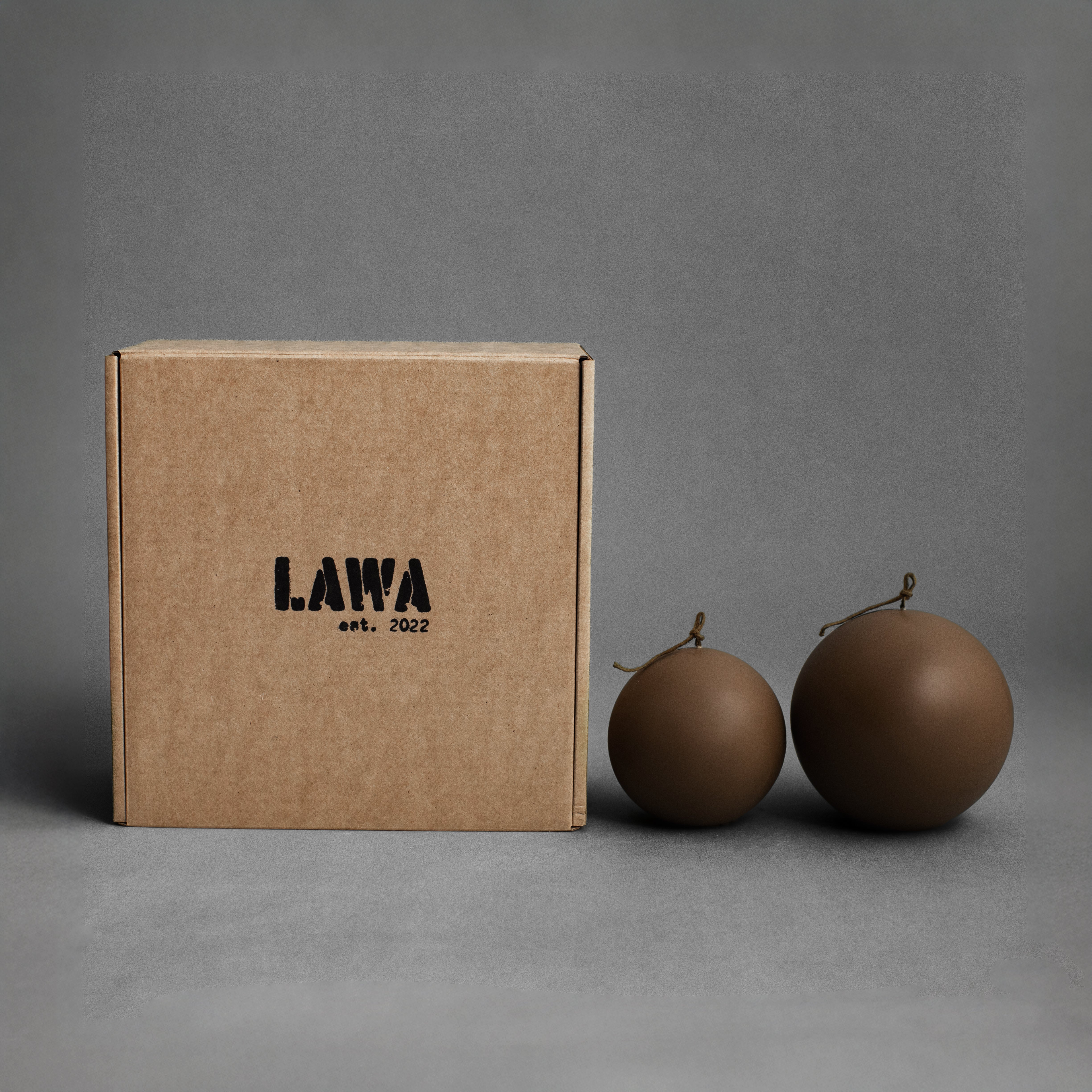 Kobicha brown sphere candle set by LAWA, modern rounded soy wax pillar candles for warm contemporary styling