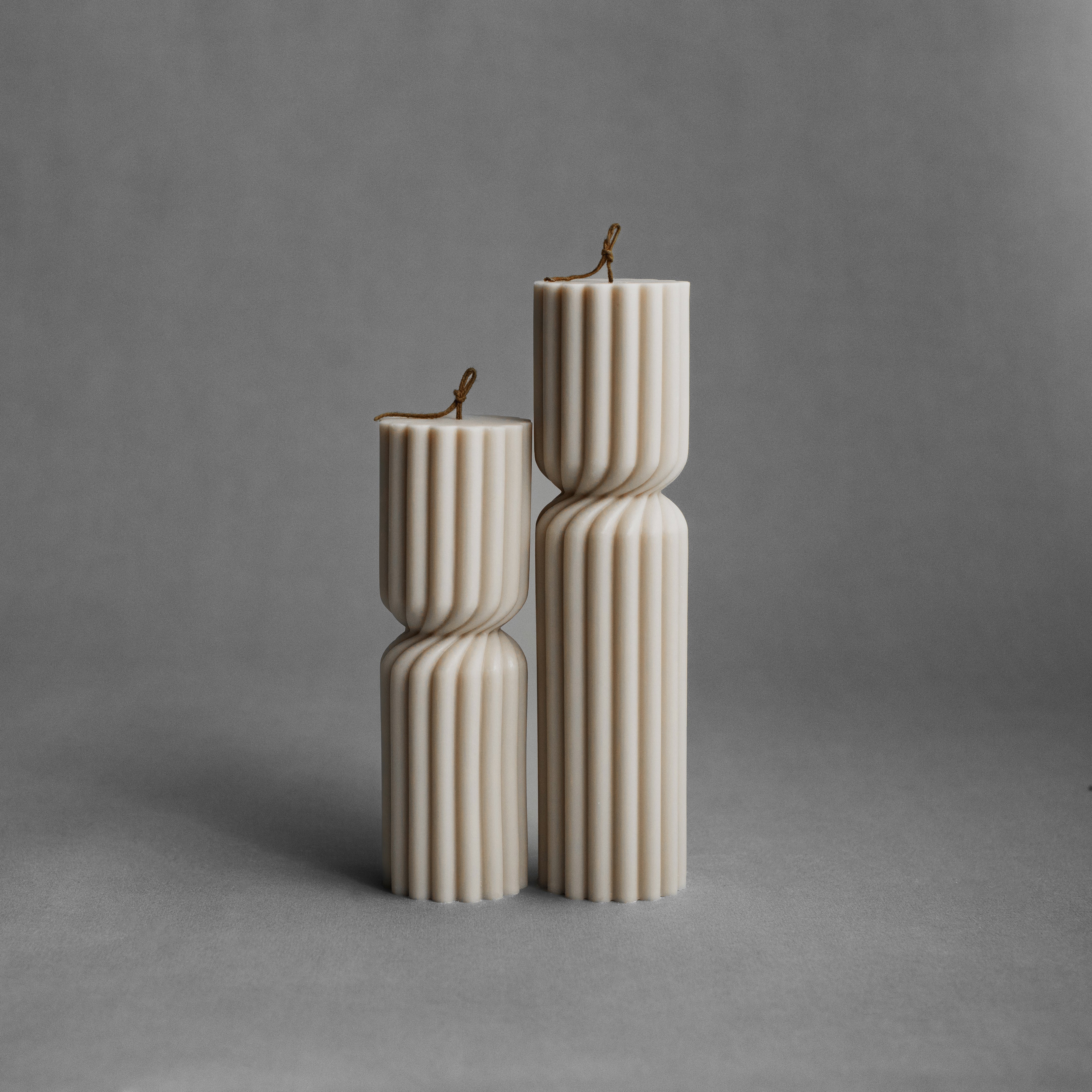 Moon gray spiral spire pillar candle set by LAWA with modern sculptural twist