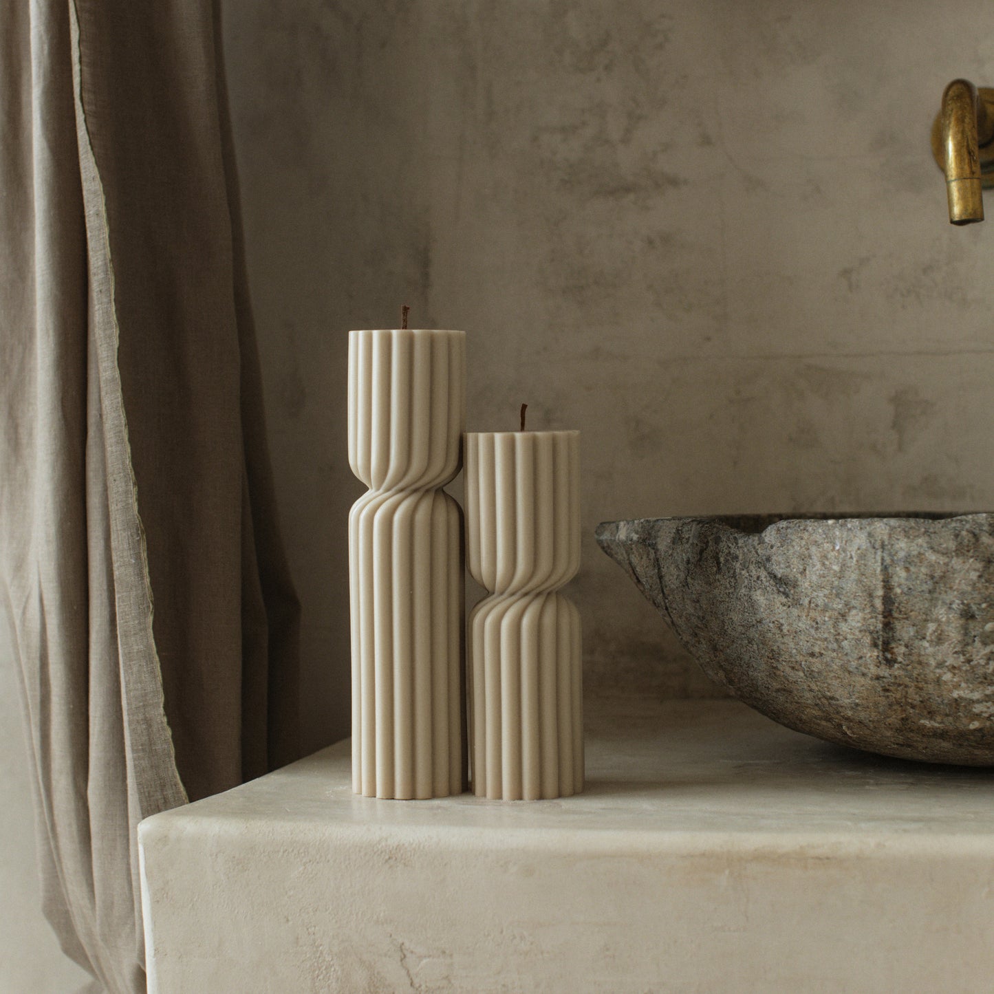 Close-up detail of handmade Spiral Spire sculptural candle showing textured ridges and premium soy wax finish