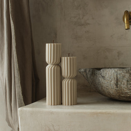 Close-up detail of handmade Spiral Spire sculptural candle showing textured ridges and premium soy wax finish