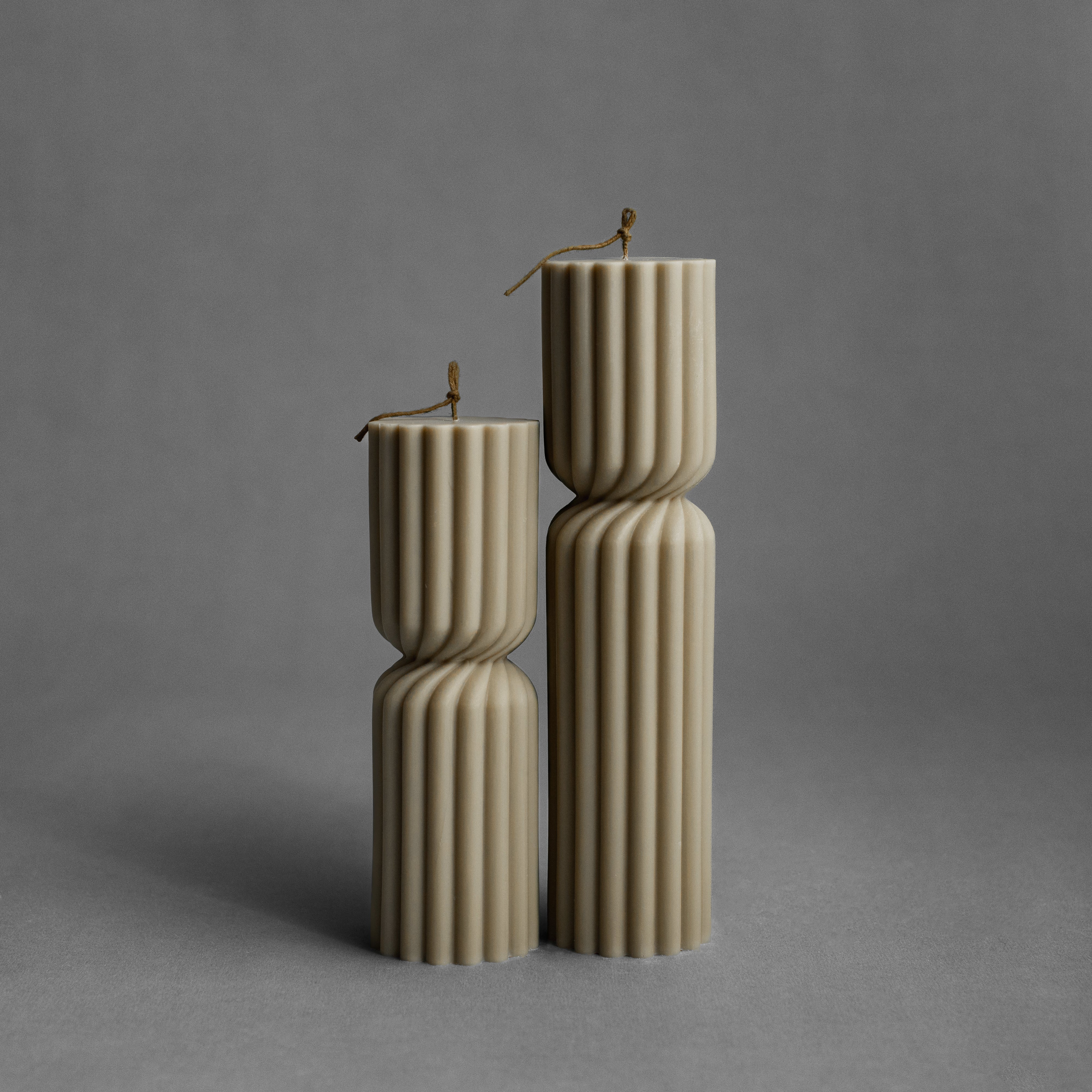 Olive beige spiral spire pillar candle set by LAWA with earthy twisted shape