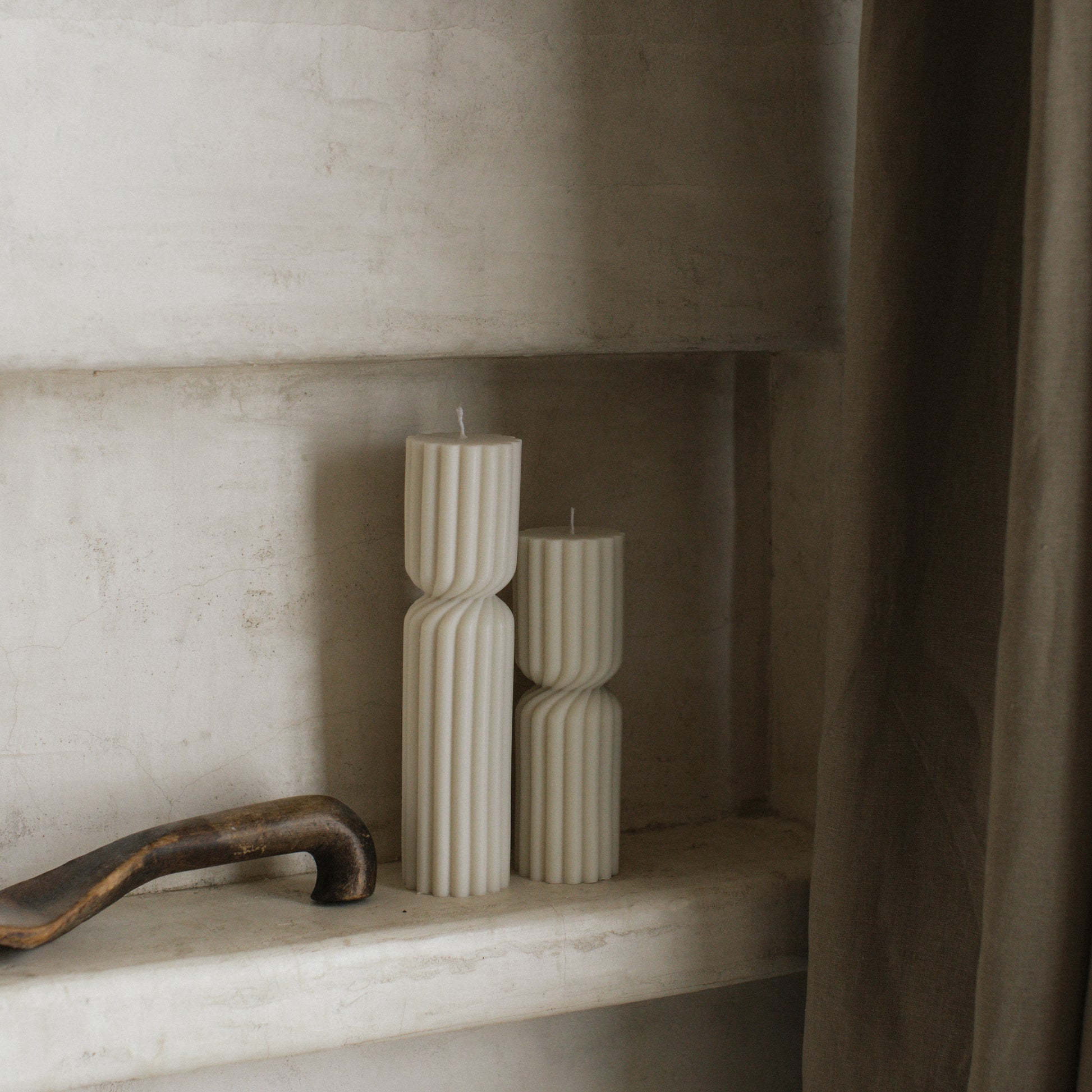 Close-up detail of handmade Spiral Spire sculptural candle showing premium soy wax texture and intricate spiral design